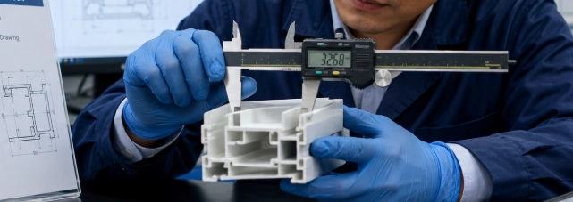 Process engineer performing precision quality control and dimensional inspection on a custom extruded plastic profile using a digital caliper in a laboratory environment. Process engineer performing precision quality control and dimensional inspection on a custom extruded plastic profile using a digital caliper in a laboratory environment.